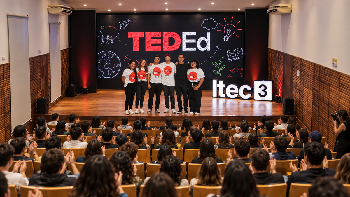 Estudiantes de Clubes TED-Ed ITEC 3 sobre el escenario del Auditorio Tierra Sin Mal