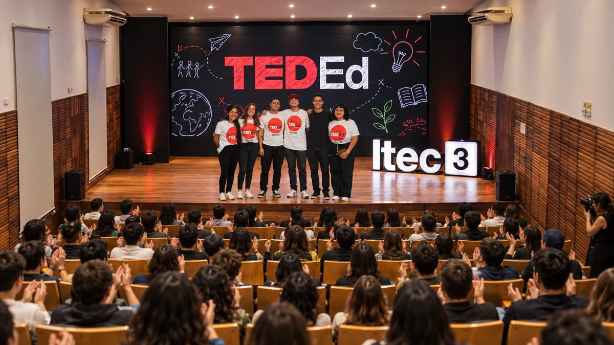 Estudiantes en el escenario del auditorio durante Clubes TED Ed